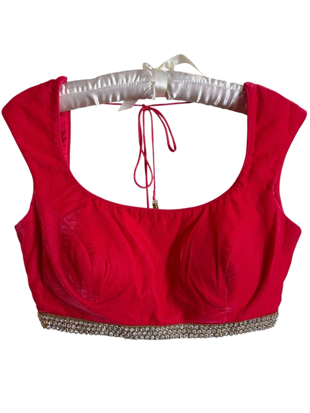 Hot Pink Red Velvet Saree Blouse Rhinestone Border Hem Scoop Neck Sari Indian